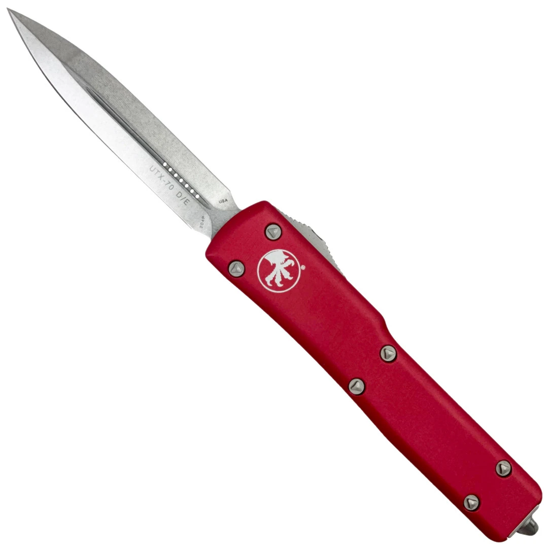 Microtech Red UTX70 OTF Knife, Double Edge Stonewash Finish