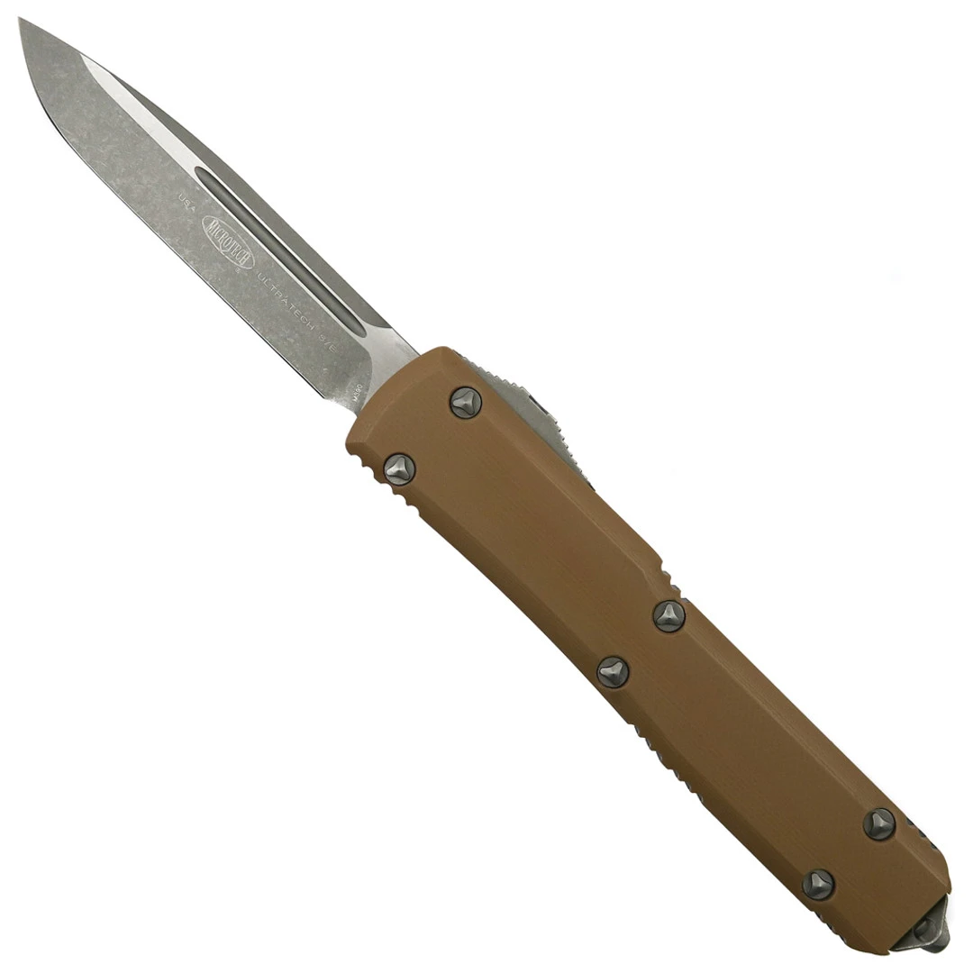 Microtech Signature Series Tan G10/Black Alumnium Ultratech OTF Auto Knife, Apocalyptic Blade