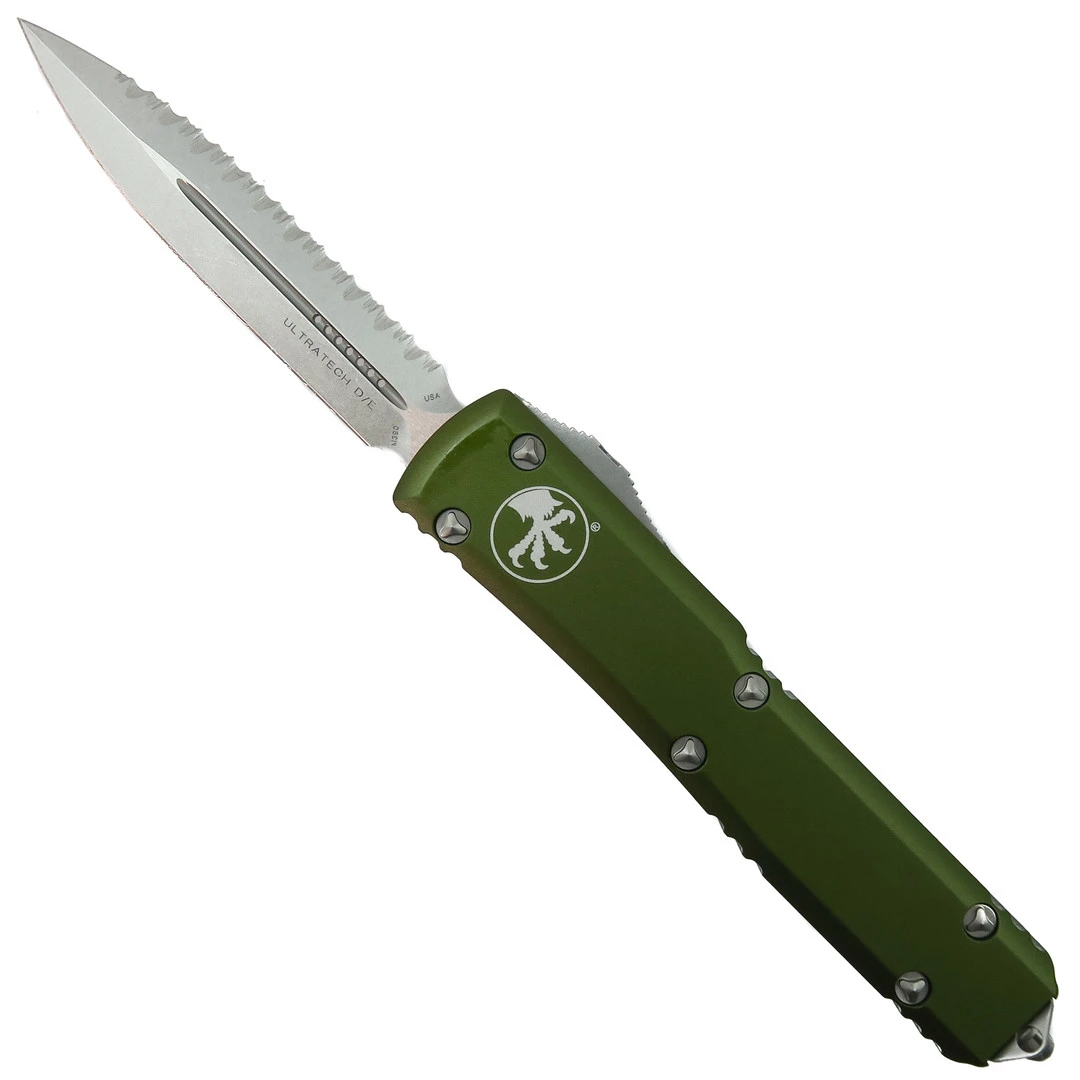 Microtech OD Green Ultratech OTF Knife, Stonewash Full Serrated Dagger Blade