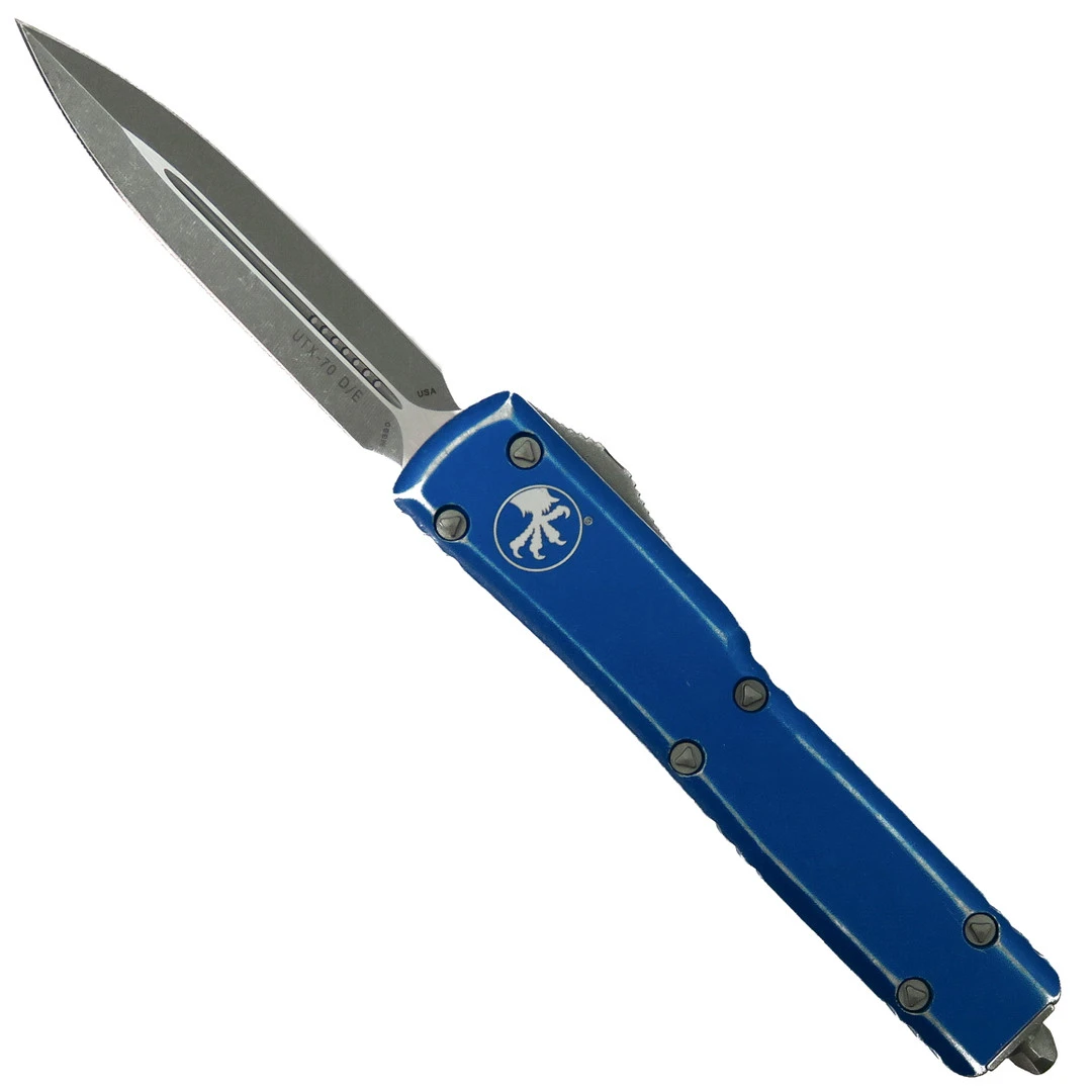 Microtech Distressed Blue UTX-70 OTF Auto Knife, Apocalyptic Blade