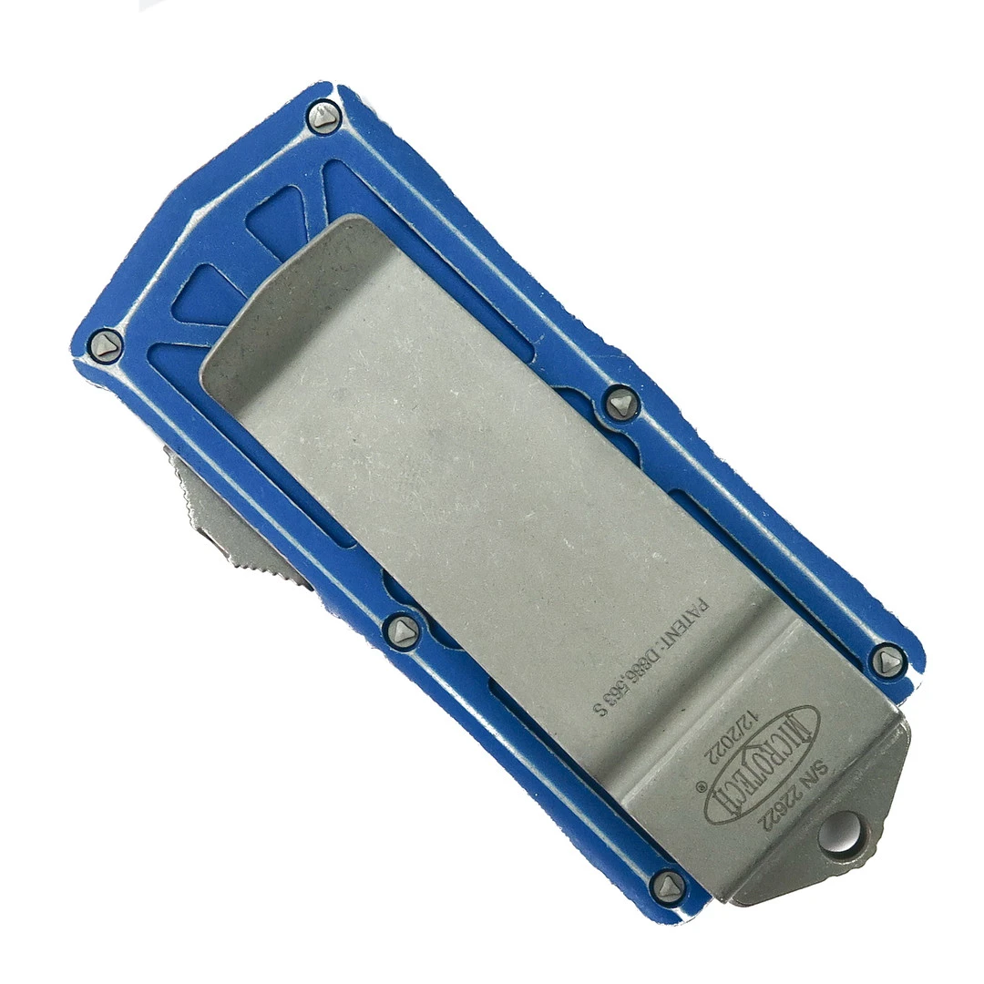 Microtech Distressed Blue Exocet OTF Auto Knife, Apocalyptic Blade - Image 2