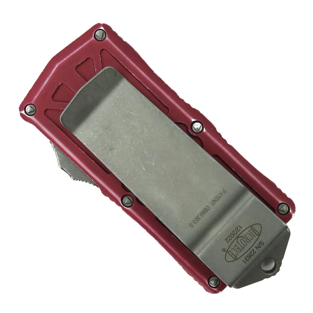 Microtech Distressed Red Exocet OTF Auto Knife, Apocalyptic Blade - Image 2