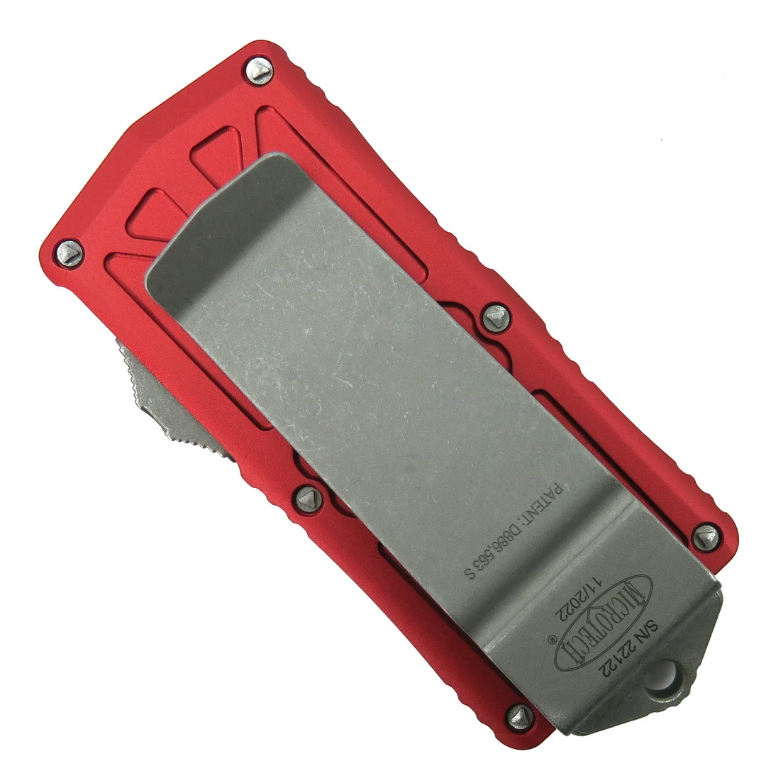 Microtech Red Exocet OTF Auto Knife, Apocalyptic Serrated Dagger Blade - Image 2