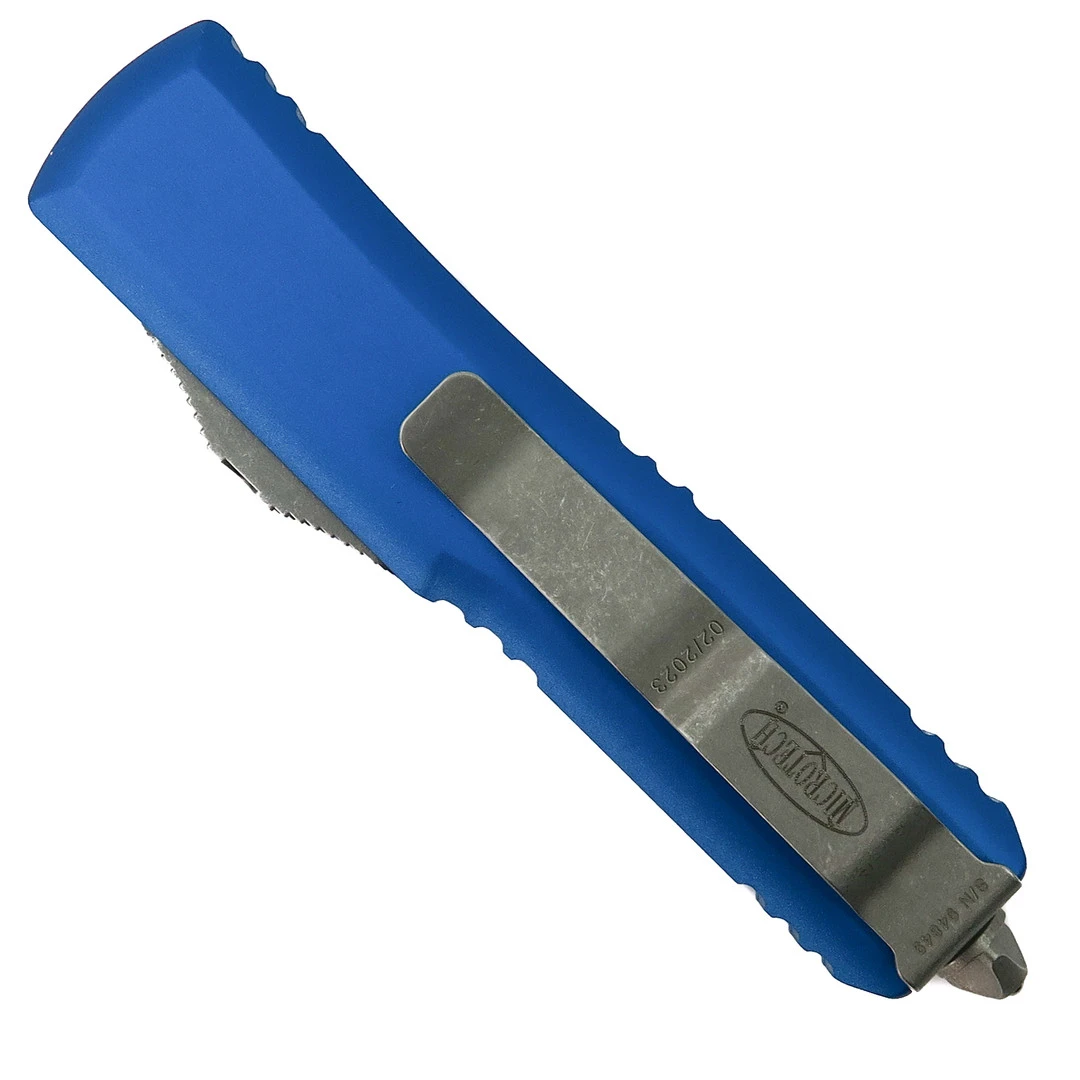 Microtech Blue UTX-85 OTF Auto Knife, Apocalyptic Stonewash Blade - Image 2