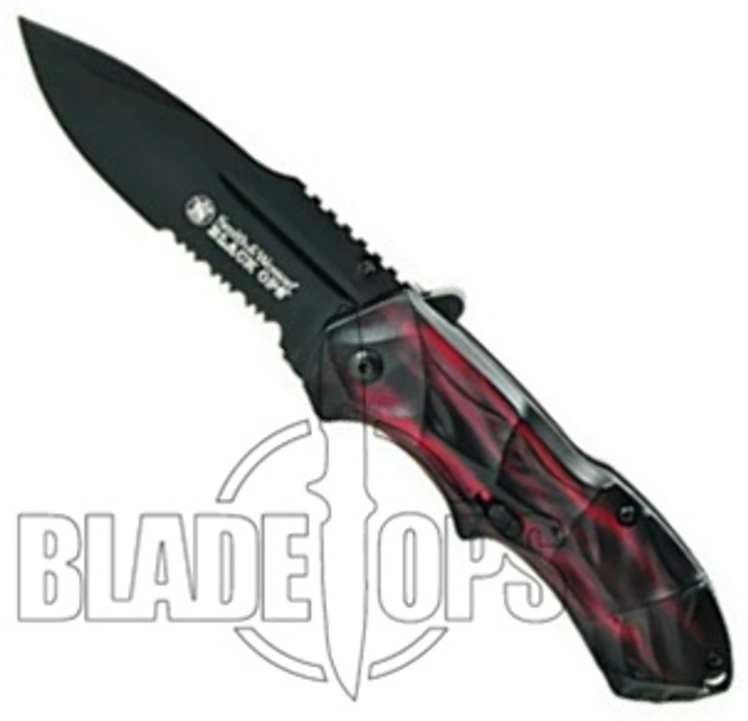 Smith & Wesson Black Ops Spring Assist Knife, Smoked Red Handle, Black Part Ser Blade, SWBLOP3RS - Image 2