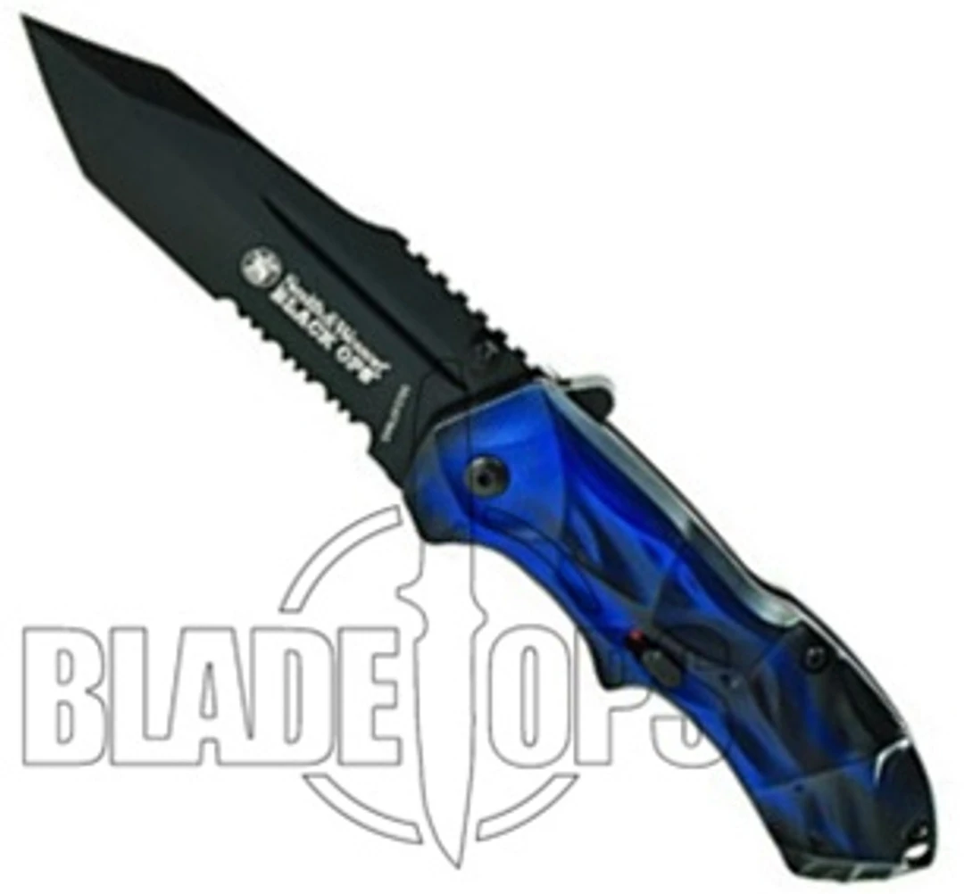 Smith & Wesson Black Ops Spring Assist Knife, Blue Handle, Tanto Black Part Ser Blade, BLOP3TBLS - Image 3